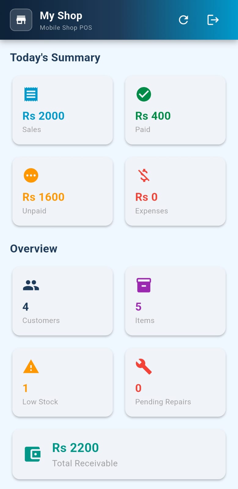 MobileShop POS Android app showing quick actions and transactions
