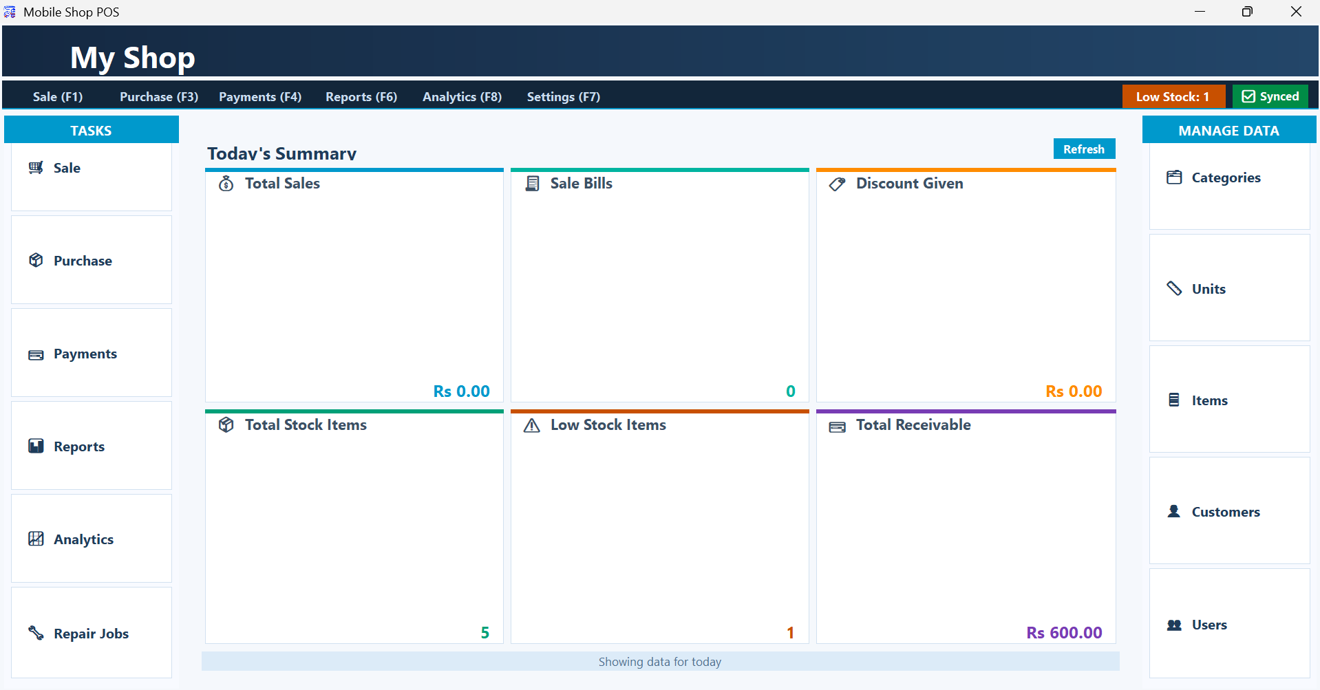 MobileShop POS Windows desktop app showing sales dashboard
